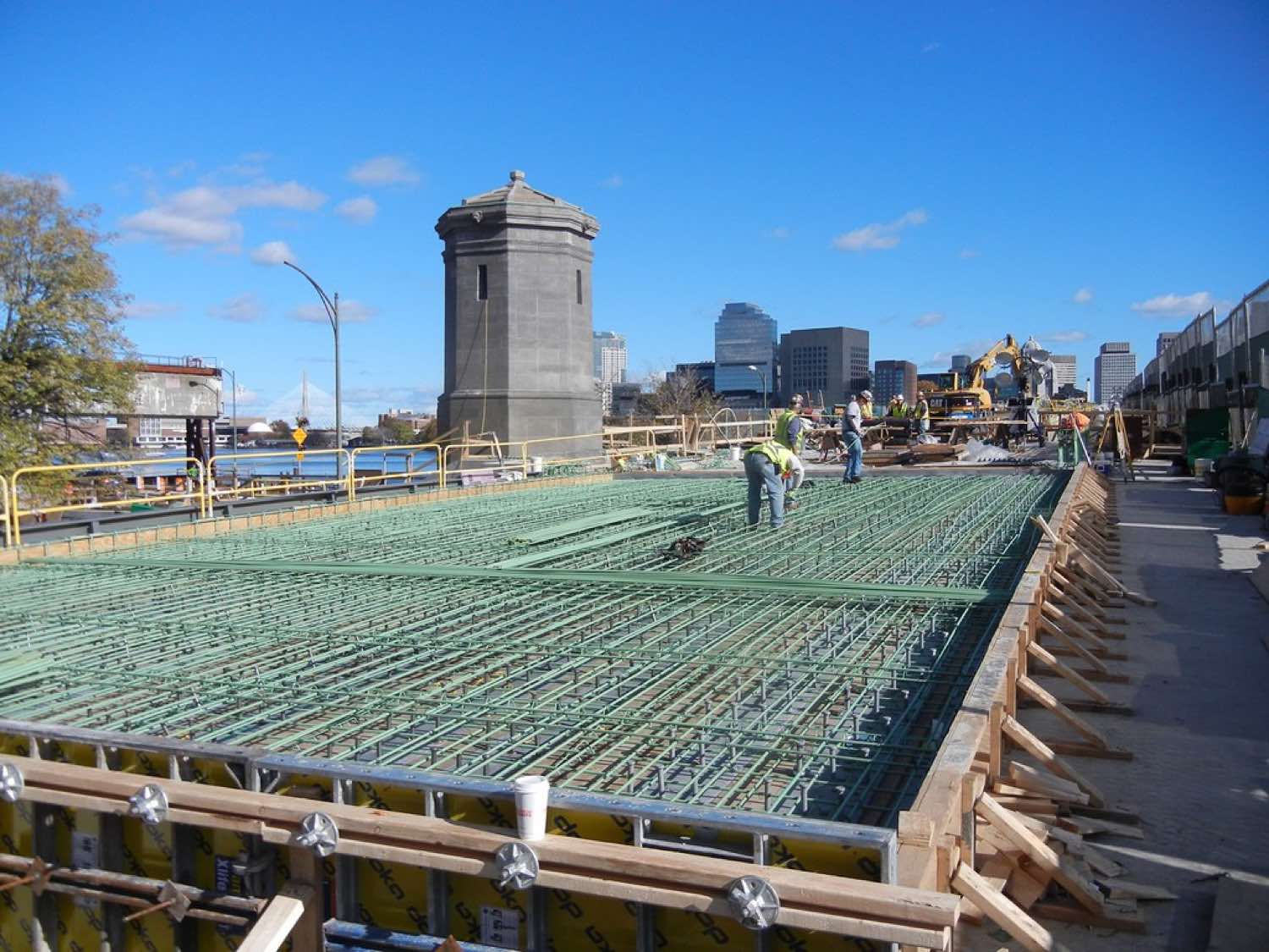 Steel reinforcement and formwork on a civil concrete deck — stand-in imagery